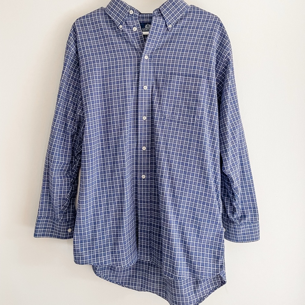 Stafford Men's Blue Plaid Oxford Button Down Long Sleeve Shirt, 16 1/2, 32/33